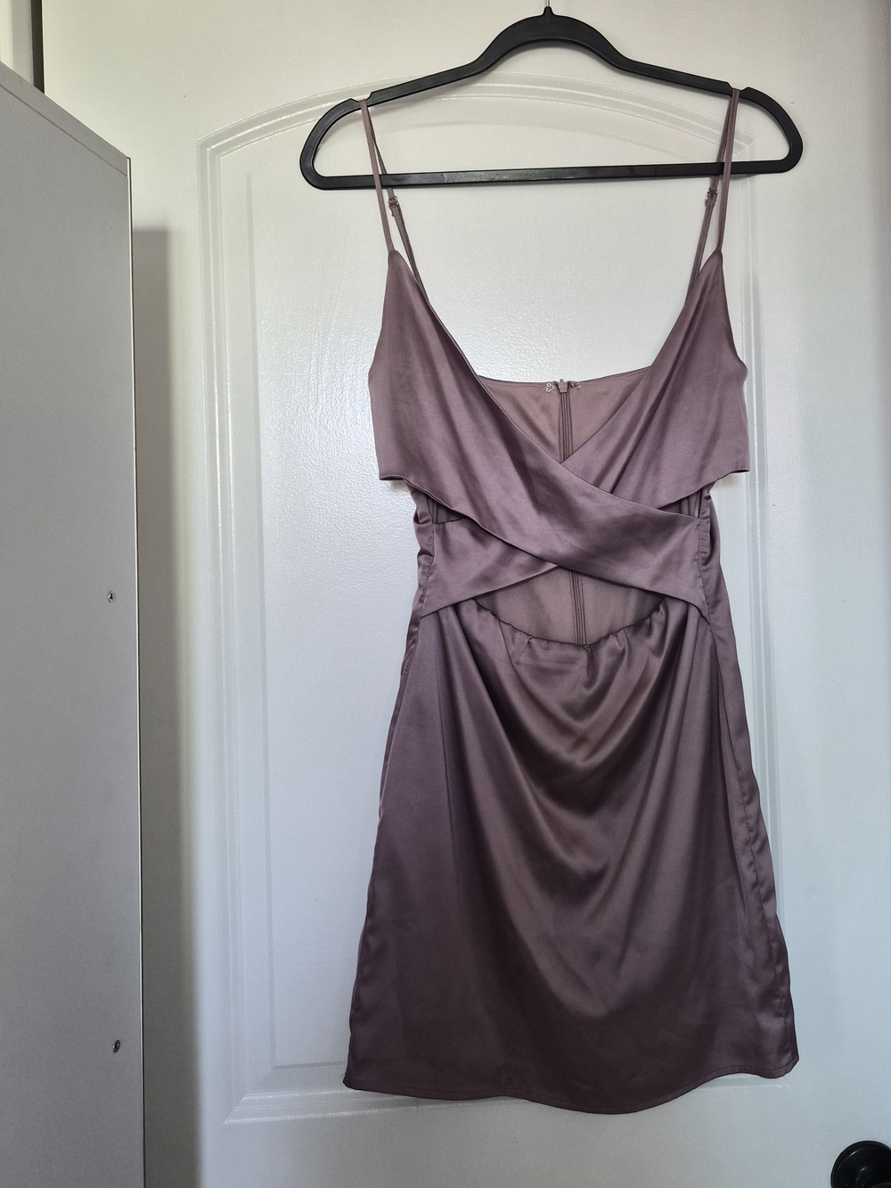 Satin Slip Dress with Draped Bodice - Mauve Pink Fashion Chic Mini Spaghetti